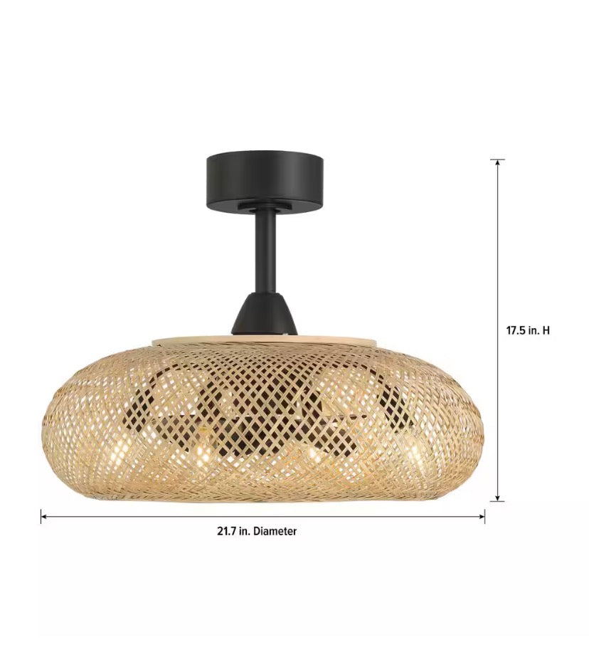 Bayneswood 22 in. 4-Light Indoor Matte Black and Natural Wicker Fandelier with Remote Control, Bulbs Not Included