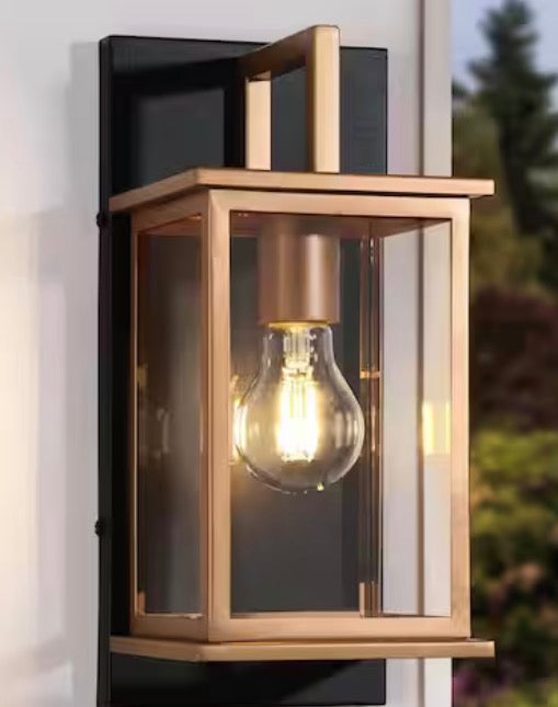 Black and Brass Rectangle Outdoor Hardwired Wall Lantern Sconce with Clear Glass Shade