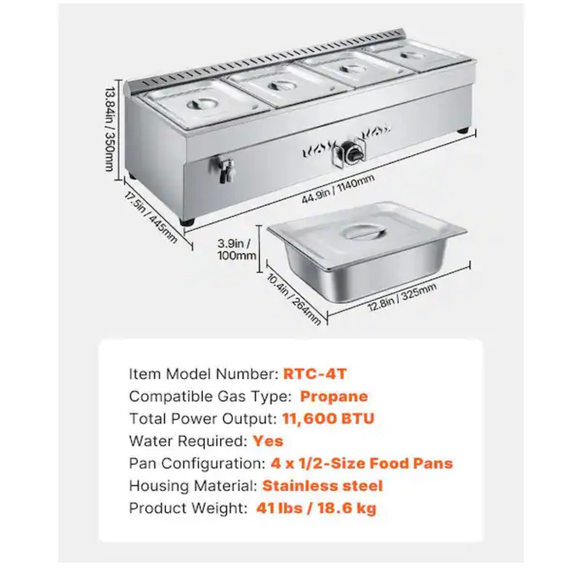 4-Pan Commercial Propane Steam Table, LP Gas Soup Warmer w/ Drain, Stainless Steel, Temp Control, for Restaurant/Camping