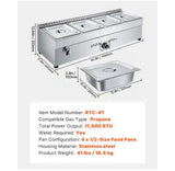 4-Pan Commercial Propane Steam Table, LP Gas Soup Warmer w/ Drain, Stainless Steel, Temp Control, for Restaurant/Camping