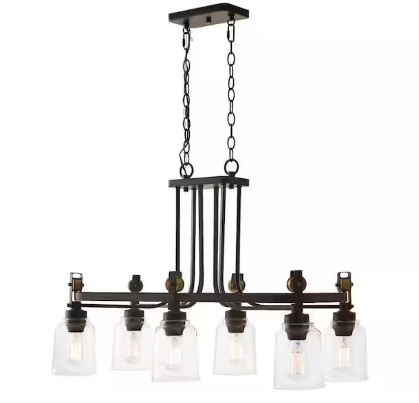 Knollwood 32 in. 6-Light Black Bronze with Brass Accents Industrial Round Chandelier for Kitchens Bulbs Included