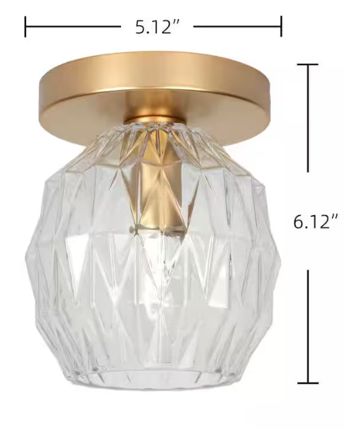 5 in. 1-Light Soft Gold Transitional Flush Mount with Faceted Clear Glass Shade and No Bulbs Included