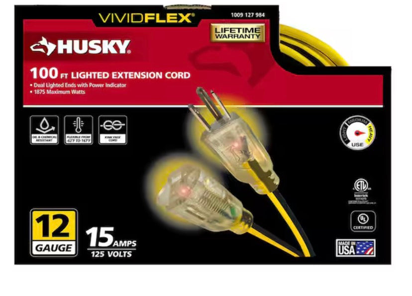 VividFlex 50 ft. 14/3 Gauge Medium Duty Indoor/Outdoor Extension Cord with Lighted End, Yellow