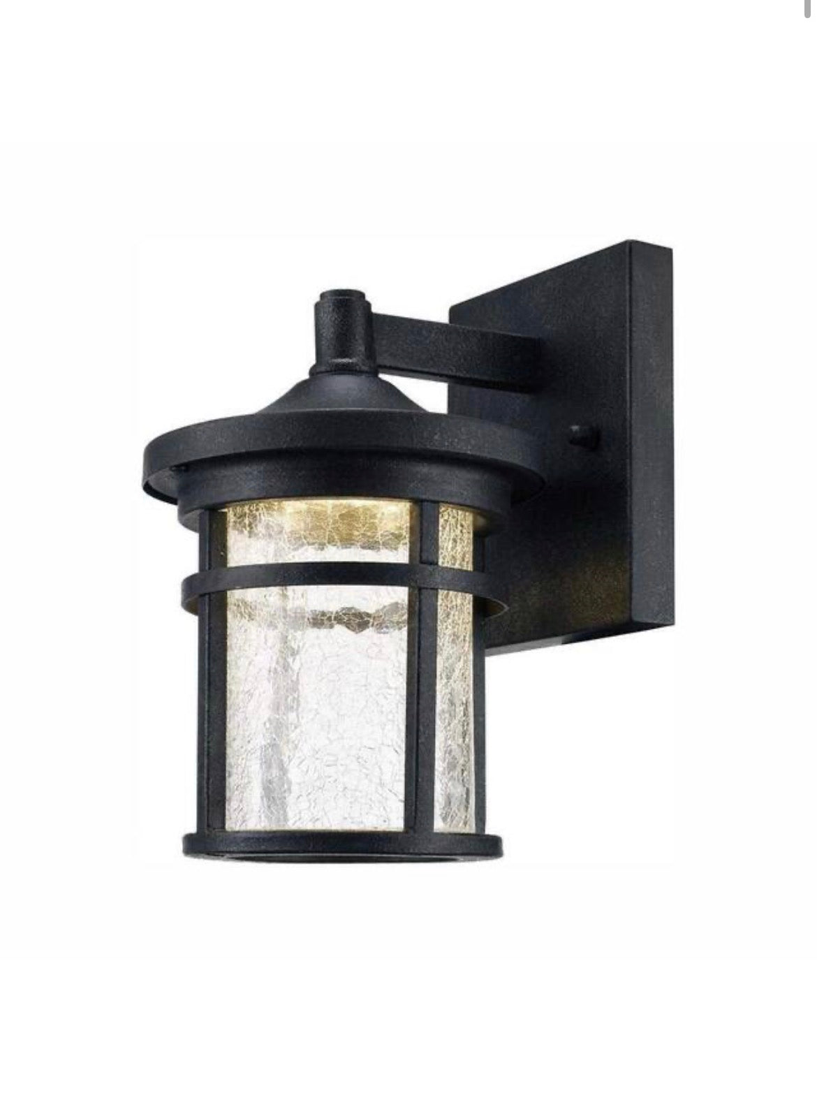Westbury 8.5 in. Aged Iron Small LED Outdoor Wall Light Fixture Sconce with Clear Crackled Glass