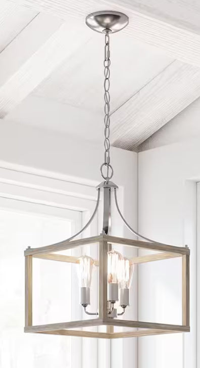 Boswell Quarter 14 in. 3-Light Brushed Nickel Farmhouse Square Chandelier with Painted Weathered Gray Wood Accents