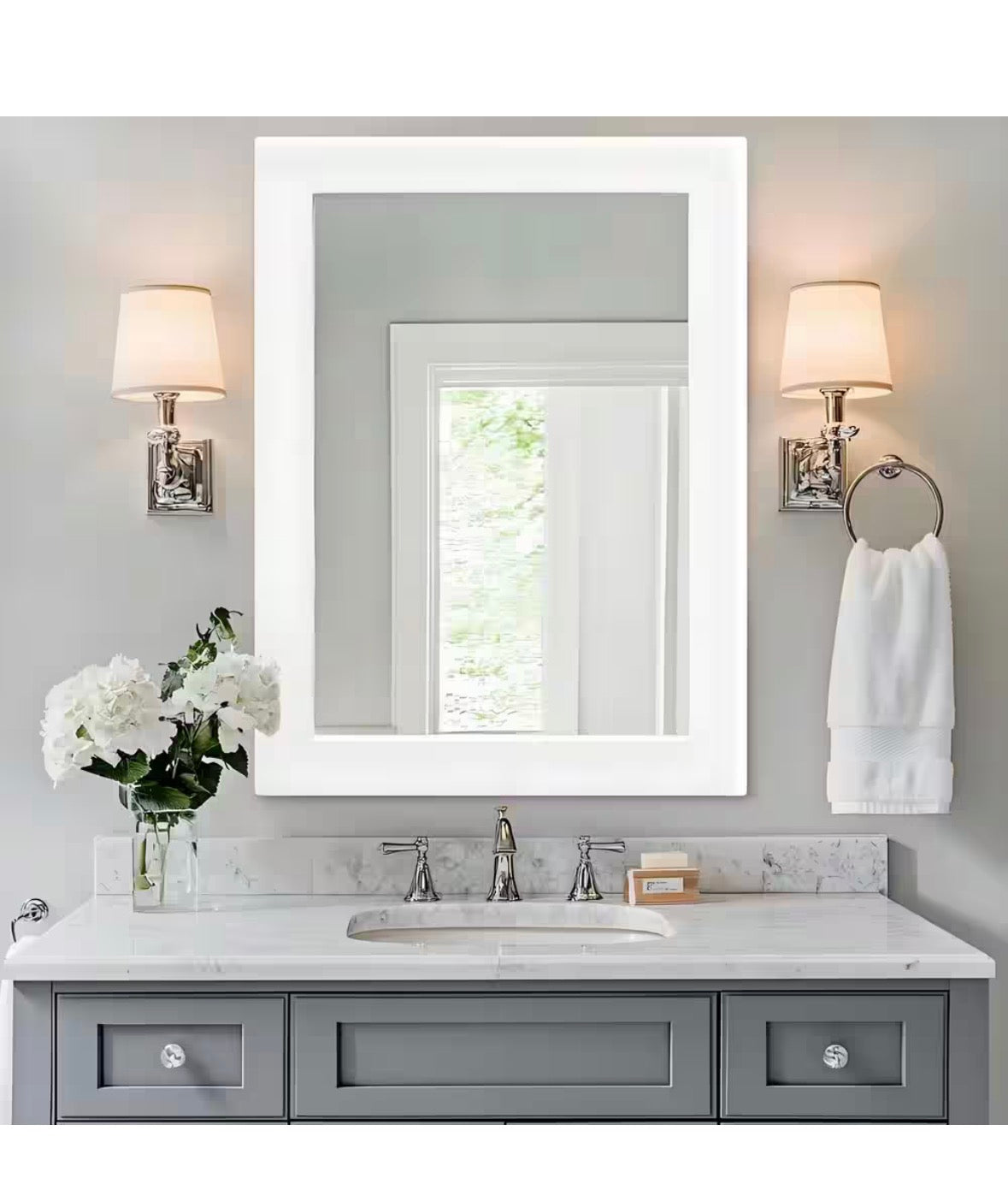 30 in. W x 40 in. H Simple Rectangular White Wood Frame Bathroom Mirror Vanity Mirror Wall Mirror/Floor Mirror