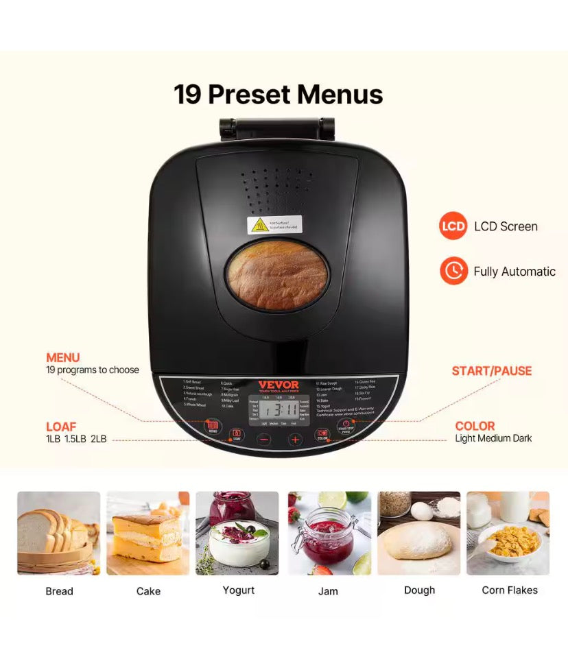 Bread Maker, 19-in.-1 2 LB. Dough Machine, Nonstick Ceramic Pan Automatic Breadmaker with Gluten Free Setting in Black