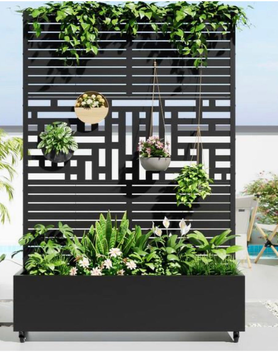 73 in. Black 3-Panel Metal Iron Planter Box with Attached Trellis for Climbing Vegetation Room Divider