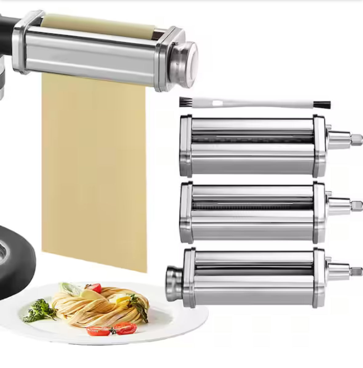Pasta Attachment for KitchenAid Mixer, Stainless Steel 3-Piece Set, Pasta Roller and Cutter with 8 Adjustable Thickness