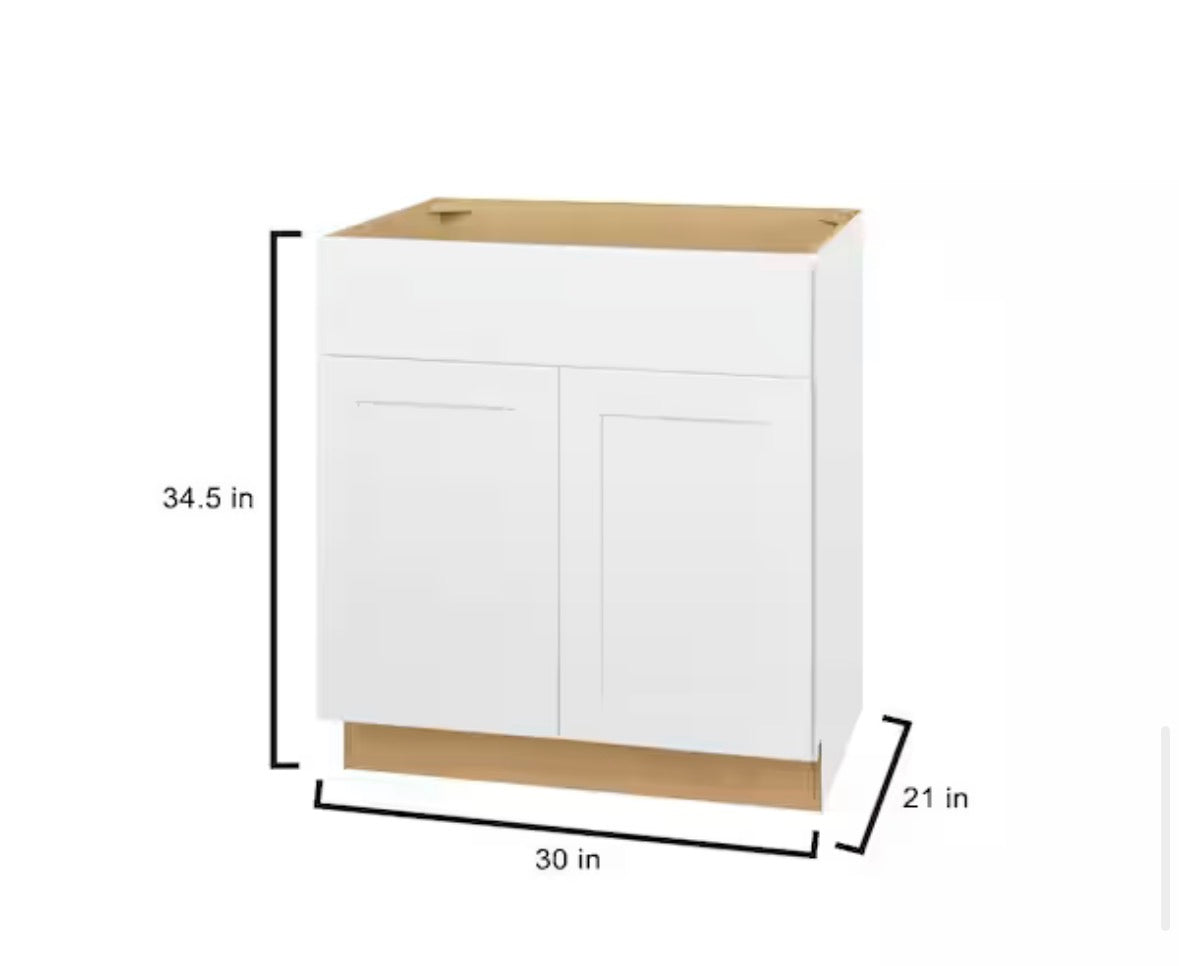 Avondale Shaker Alpine White Quick Assemble Plywood 30 in Vanity Sink Base Kitchen Cabinet (30in W x 21in D x 34.5in H)
