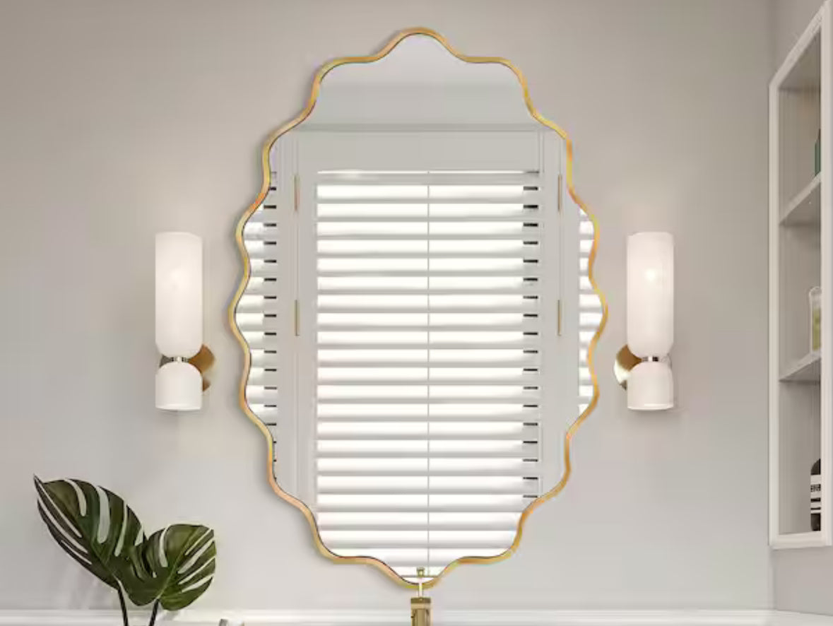 22 in. W x 30 in. H Oval Gold Aluminum Alloy Framed Scalloped Wavy Wall Mirror