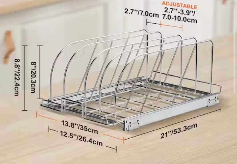 Pan and Pot Rack 12.5 in. W Expandable Pull Out Under Cabinet Organizer Pot Racks,Silver