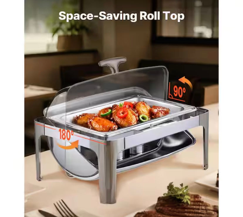 Roll Top Chafing Dish Buffet Set, 9Qt Stainless Steel Chafer with Pan, Rectangle Catering Warmer with Lid, Stand, Silver