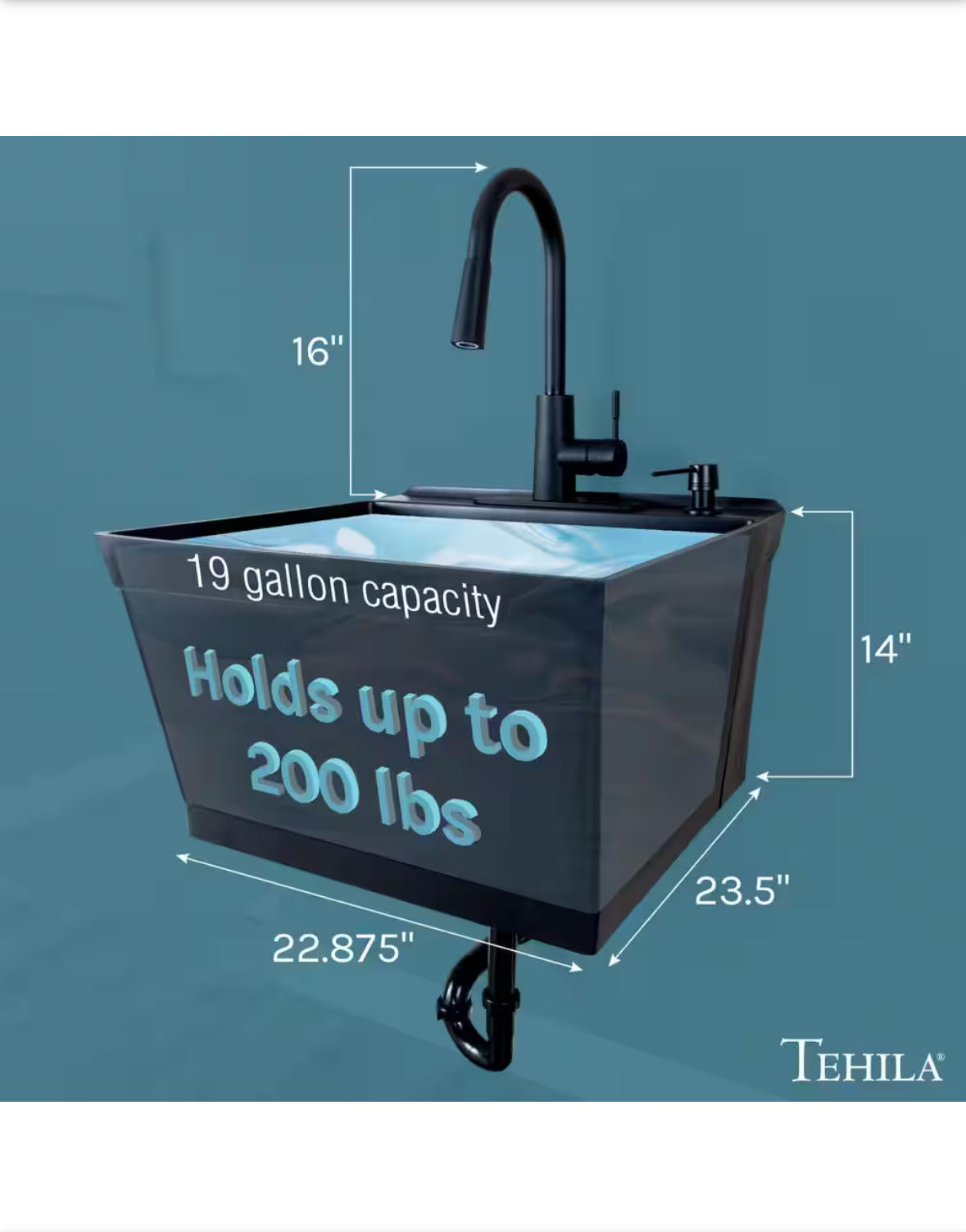 23.5 in. x 22.88 in. Black Thermoplastic Wall Mounted Utility Sink with Matte Black Finish Pull-down Sprayer Faucet