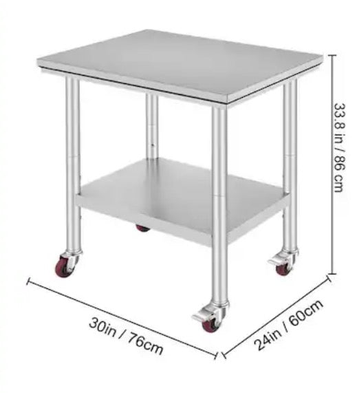 Stainless Steel Work Table 30 x 24 x 33 in., 300 lbs. Capacity, Heavy-Duty Kitchen Prep Table with 4-Wheels, Silver