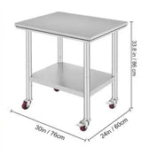 Stainless Steel Work Table 30 x 24 x 33 in., 300 lbs. Capacity, Heavy-Duty Kitchen Prep Table with 4-Wheels, Silver
