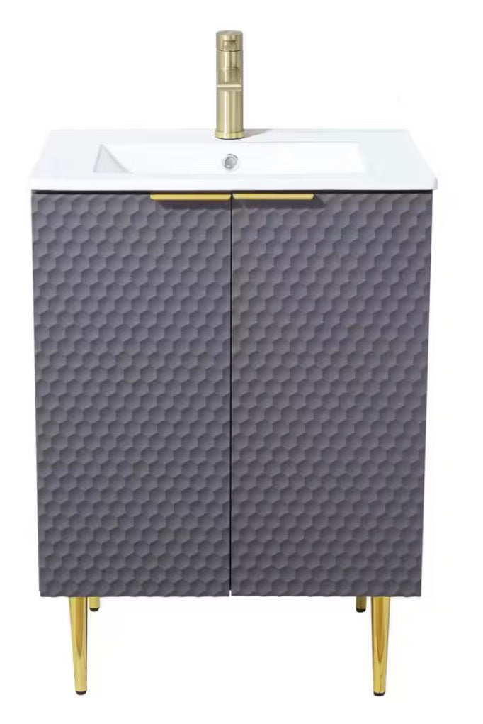 24 in. W Single Bath Vanity in Gray with White Ceramic Top Unassembled