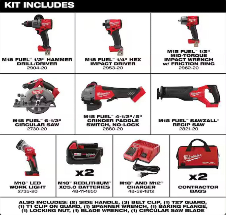 M18 FUEL 18V Lithium-Ion Brushless Cordless Combo Kit with Two 5.0 Ah Batteries, 1 Charger, 2 Tool Bags (7-Tool)