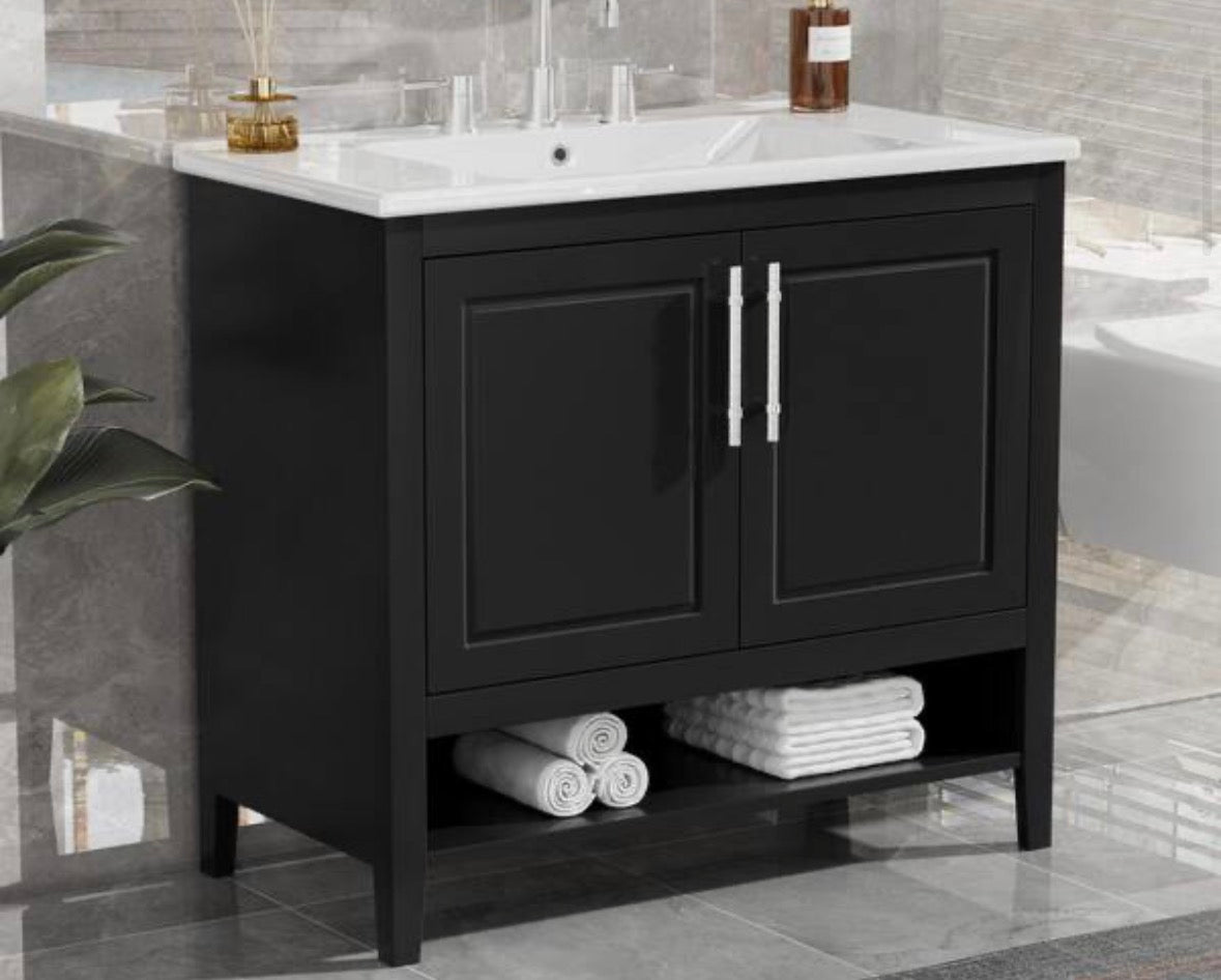 36 in. W Single Sink Bath Vanity in Black with White Ceramic Top, Open Shelf