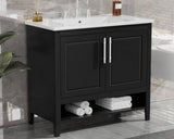 36 in. W Single Sink Bath Vanity in Black with White Ceramic Top, Open Shelf