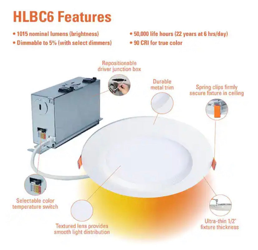 HLBC 6 in. Ultra-Slim Regressed LED Downlight Selectable CCT with D2W Option