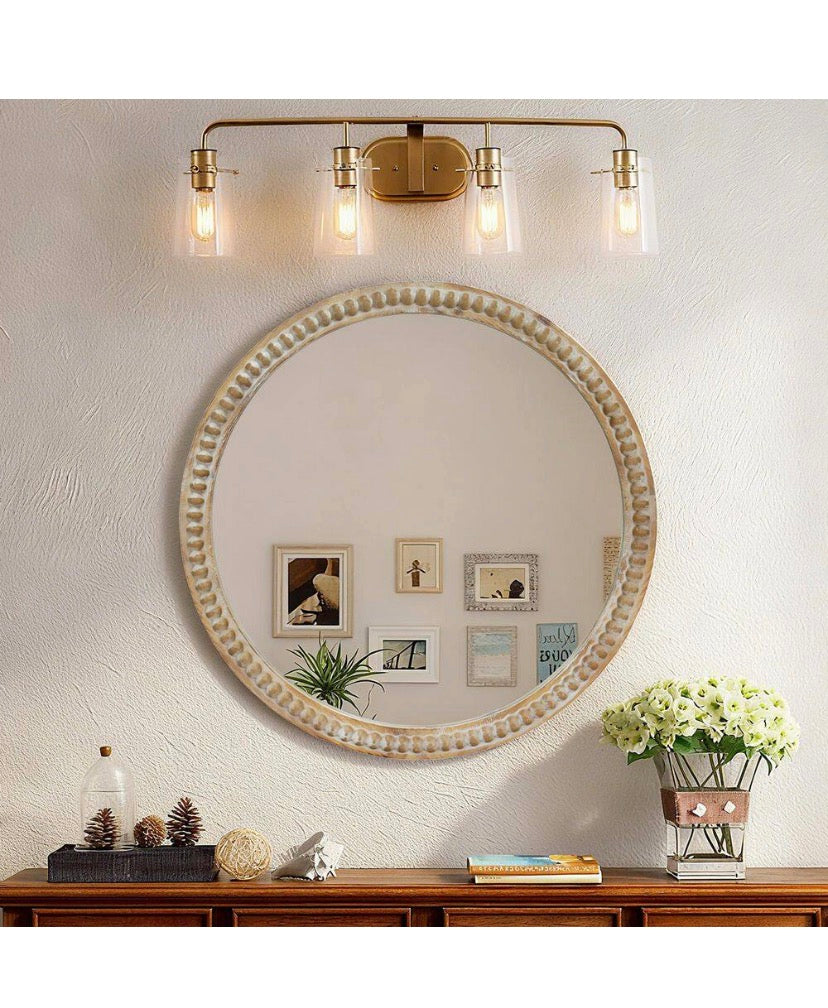 Round 35.43 in W x 35.43 in H Distressed Wood Beaded Frame Wall Mirror, Farmhouse Vintage Accent Mirror