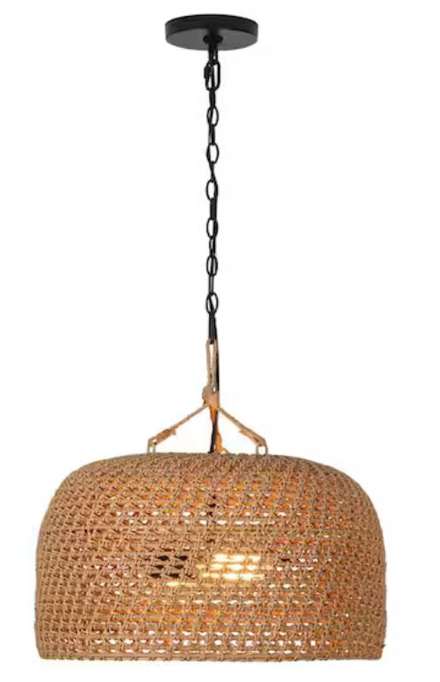 Summerpoint 120-Watt 2-Light Black Shaded Pendant Light with Natural Woven Shade, No bulbs Included