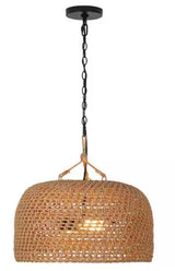 Summerpoint 120-Watt 2-Light Black Shaded Pendant Light with Natural Woven Shade, No bulbs Included