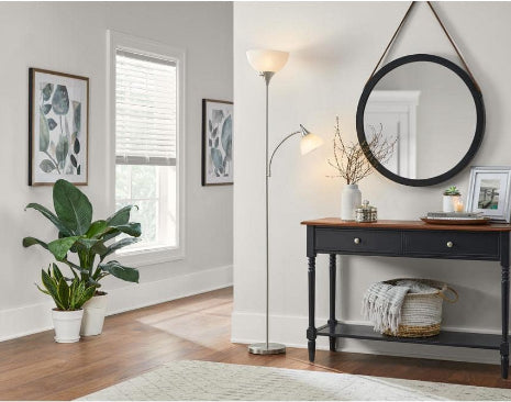 70 in. Brushed Nickel Mother Daughter 2-Light Torchiere Floor Lamp with Plastic Shade