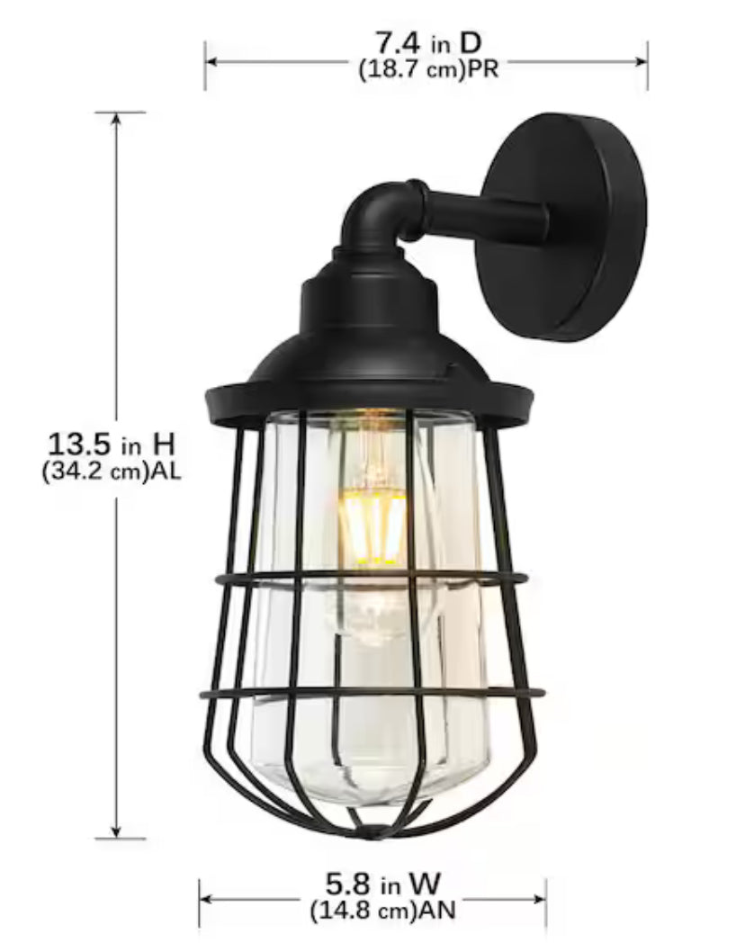 13.48 in. 1-Light Black Hardwired Nautical Outdoor Wall Light Lantern Sconce with No Bulb Included