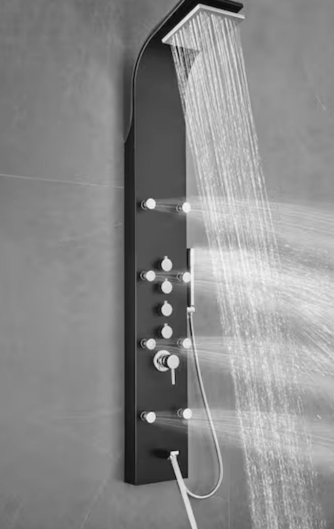 65 in. 8-Jet Shower Panel System in Space Gray Brushed Stainless Steel with Rainfall Waterfall Shower Head and Wand
