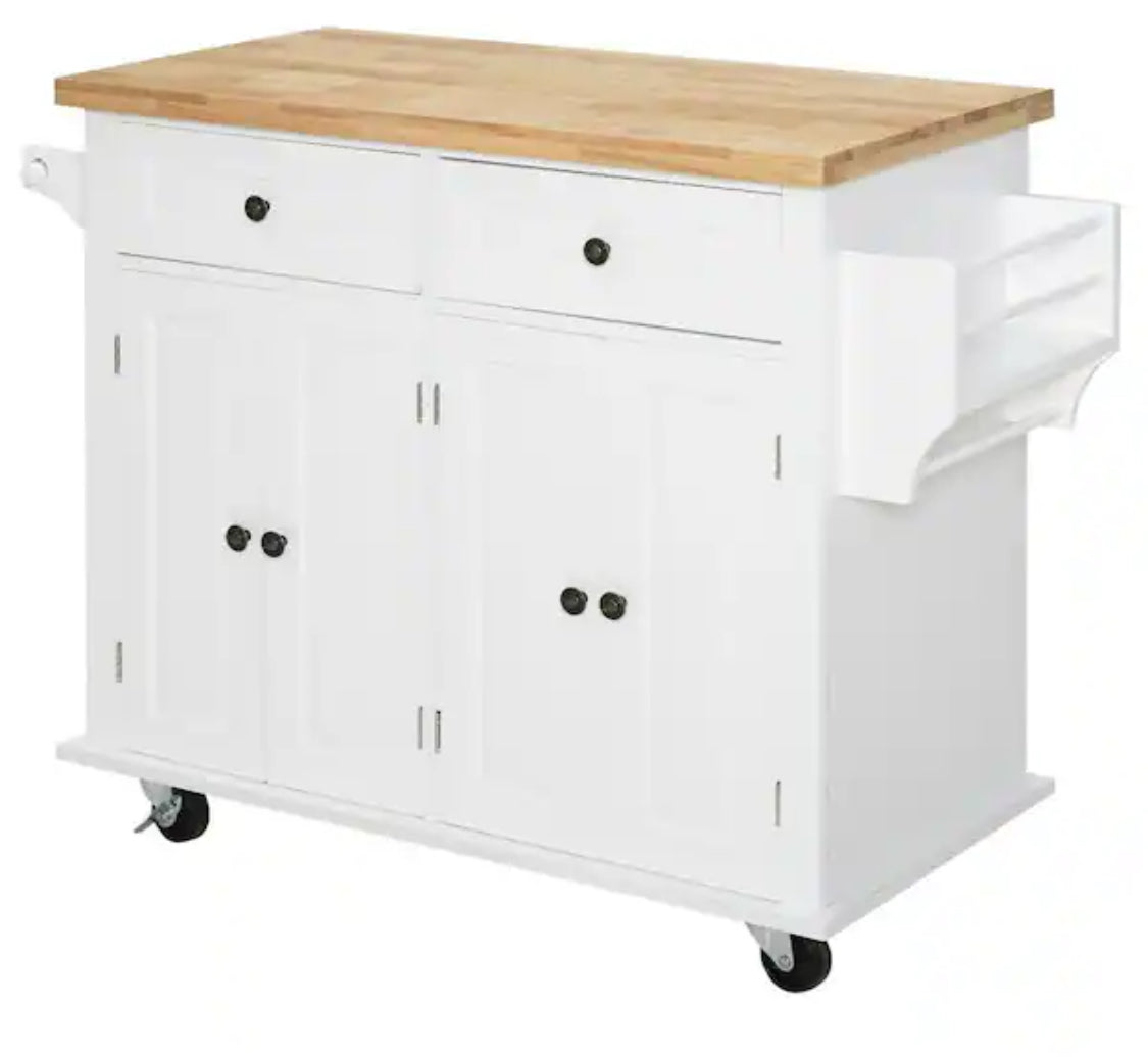 Rolling White Kitchen Island Cart with Rubberwood Top, Spice Rack, Towel Rack, and Drawers