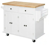 Rolling White Kitchen Island Cart with Rubberwood Top, Spice Rack, Towel Rack, and Drawers