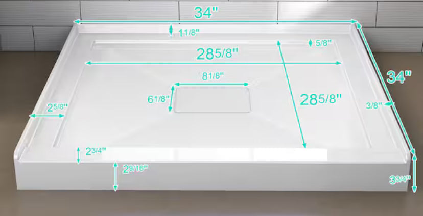 34 in. x 34 in. Acrylic Single Threshold Alcove Floor Rectangular Shower Pan Base with Center Drain in White