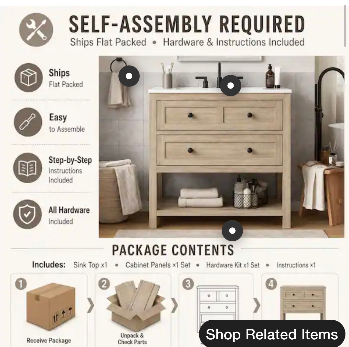 Shay 31 in. Single Sink Bath Vanity in Light Oak with White Engineered Solid Surface Top Unassembled