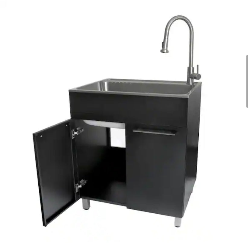 All-in-One 28 in. x 22 in. x 33.8 in. Stainless Steel Drop-In Sink and Cabinet with Faucet in Black