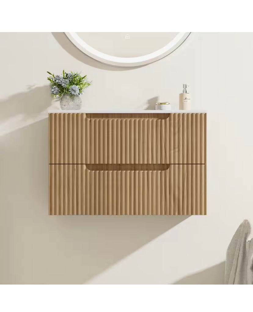 30 in. W Floating Wall Mounted Bath Vanity in Walnut with White Ceramic Top and U-shaped Drawers