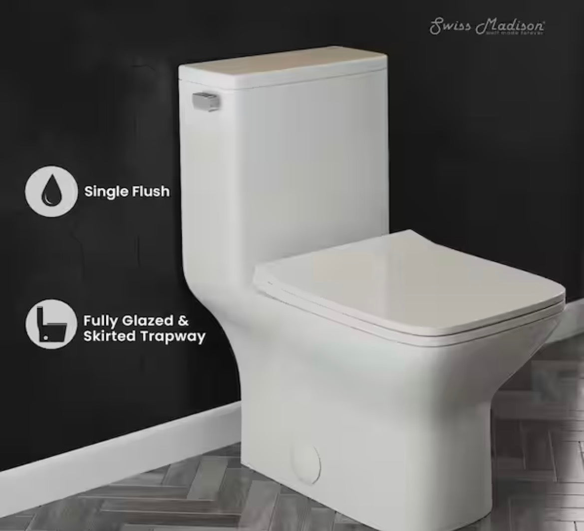 Carre 1-piece 1.28 GPF Single Flush Square Toilet in Glossy White Seat Included