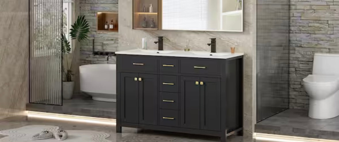 48 in. W x 18 in. D x 34 in. H 2-Sink Freestanding Bath Vanity in Black with White SMC Resin Top and Drain Faucet Set