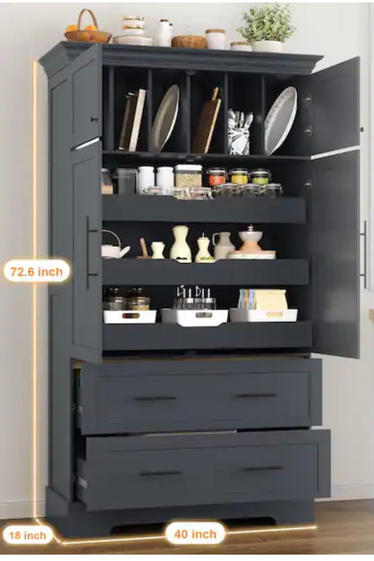 TOPMAX Grey Farmhouse Kitchen Pantry with Pull-out Trays & Cake Pan Storage