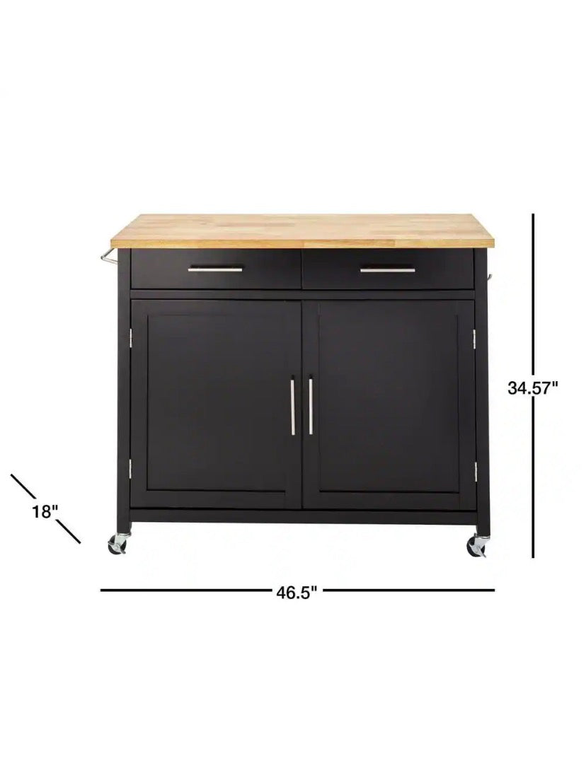 Glenville Black Rolling Kitchen Cart with Butcher Block Top and Double-Drawer Storage (42" W)