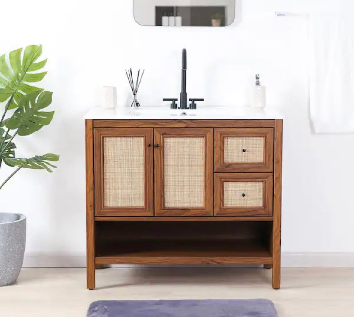 Jasper 36 in. W x 18 in. D x 33 in. H Rattan Modern Coastal 2-Shelf Bath Vanity Cabinet without Top in Walnut