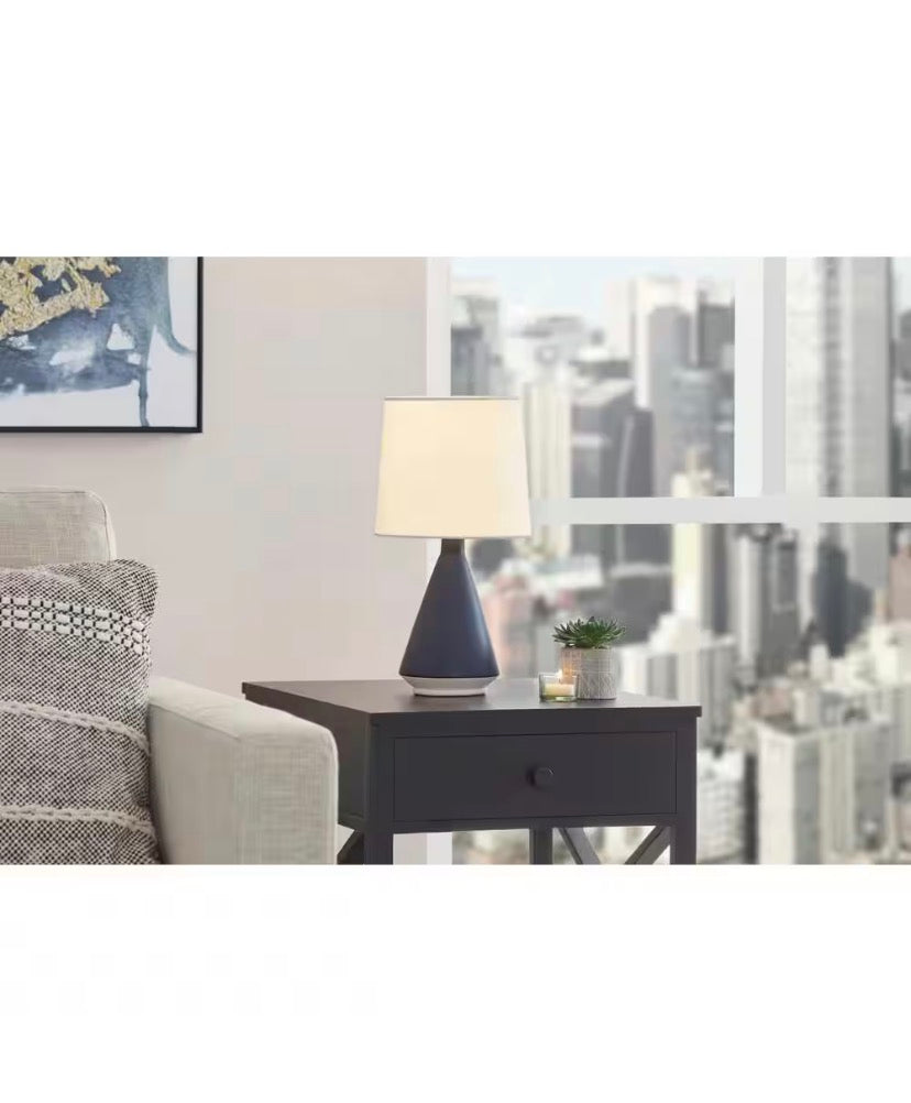 15.125 in. Navy Ceramic Table Lamp with White Fabric Shade