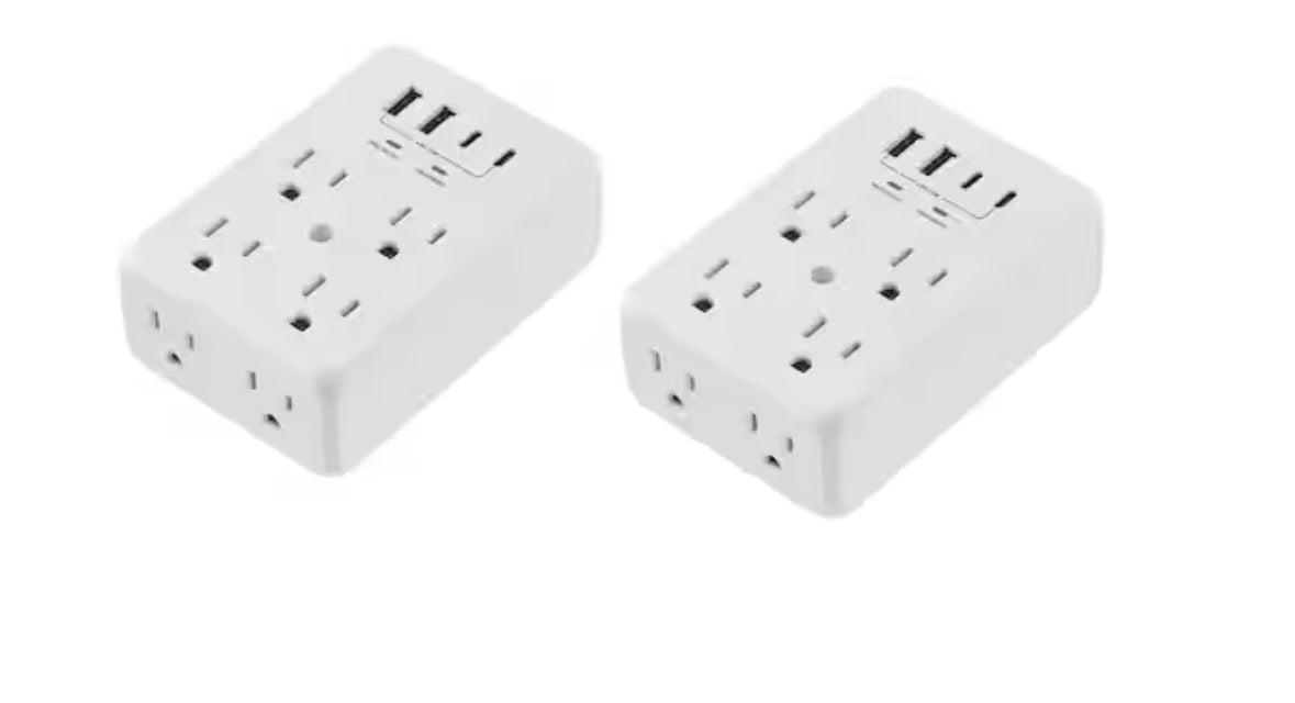 6-Outlet Wall Mounted Surge Protector with 2-USB-A and 2-USB-C, White (2-Pack)