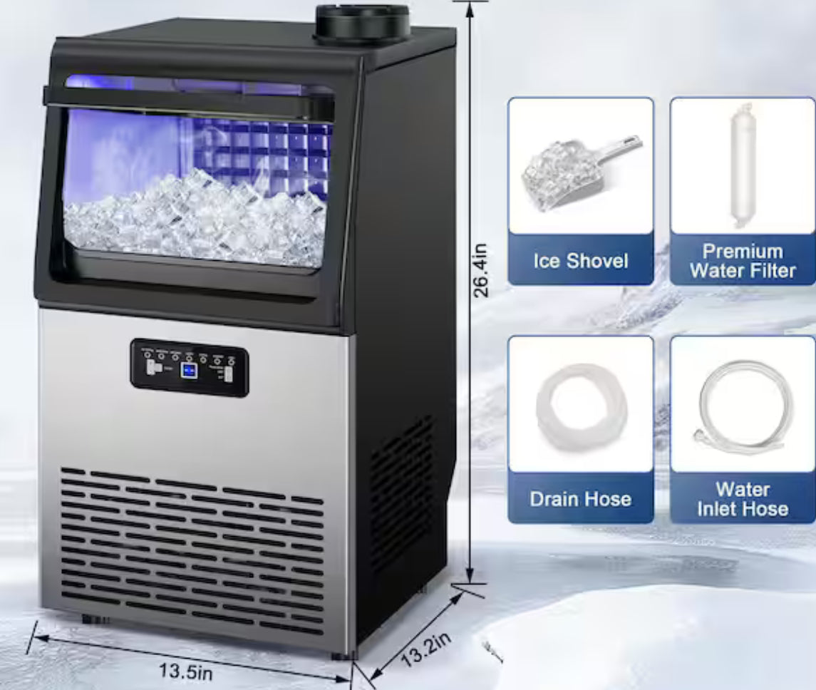 13.5in. 90 lbs. 24H Half Size Cube Built-in/Freestanding Commercial Ice Maker in Stainless Steel w/ 15 lbs. Storage Bin