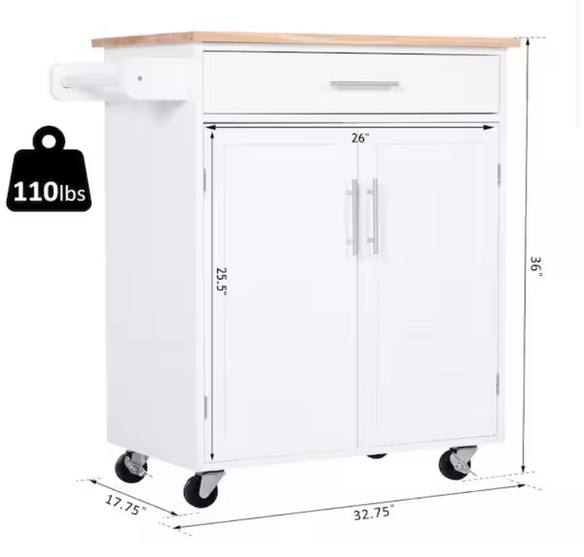 White Rolling Kitchen Island Cart with Drawer, Interior Cabinet and Towel Rack