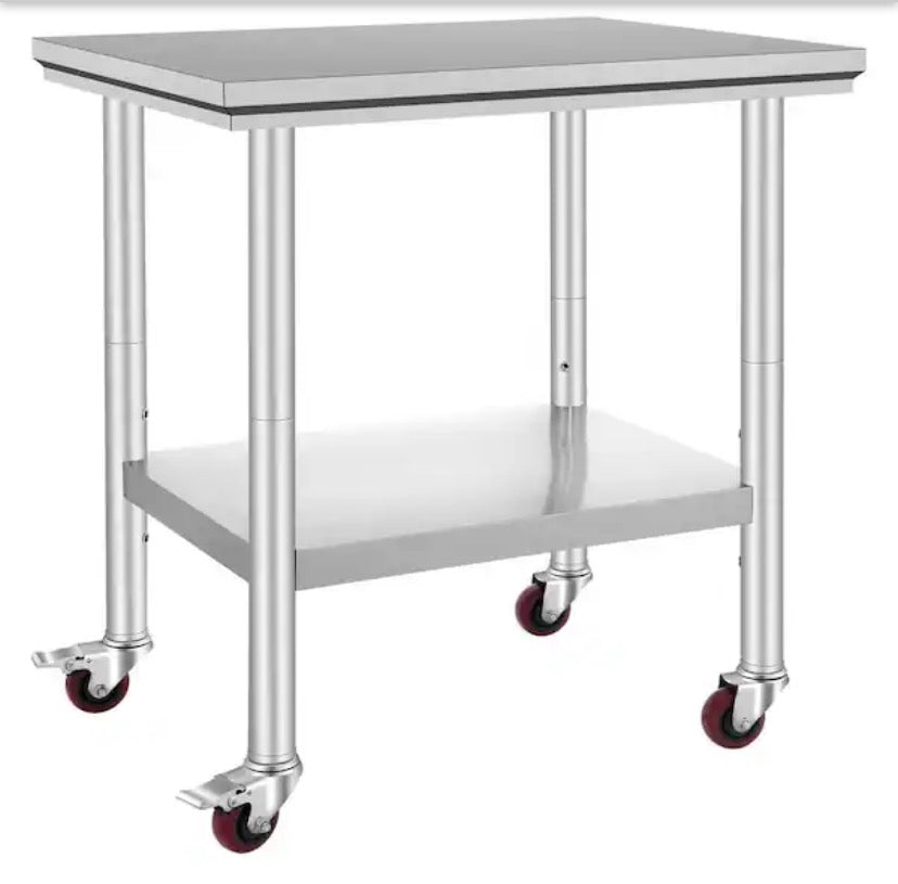 Stainless Steel Work Table 30 x 24 x 33 in., 300 lbs. Capacity, Heavy-Duty Kitchen Prep Table with 4-Wheels, Silver