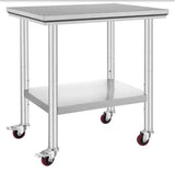 Stainless Steel Work Table 30 x 24 x 33 in., 300 lbs. Capacity, Heavy-Duty Kitchen Prep Table with 4-Wheels, Silver