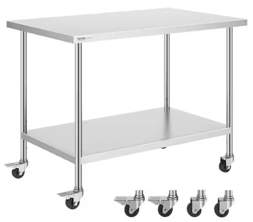 Stainless Steel Work Table 30 x 48 x 38 In., Silver Kitchen Prep Table with 4 Wheels, 3 Adjustable Height Levels