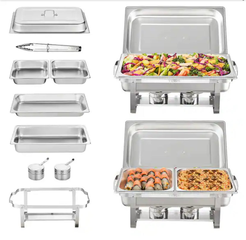 8 qt. Stainless Steel Chafer Chafing Dish Buffet Set with 2-Full and 4-Half Size Pans Rectangle Catering Warmer Server